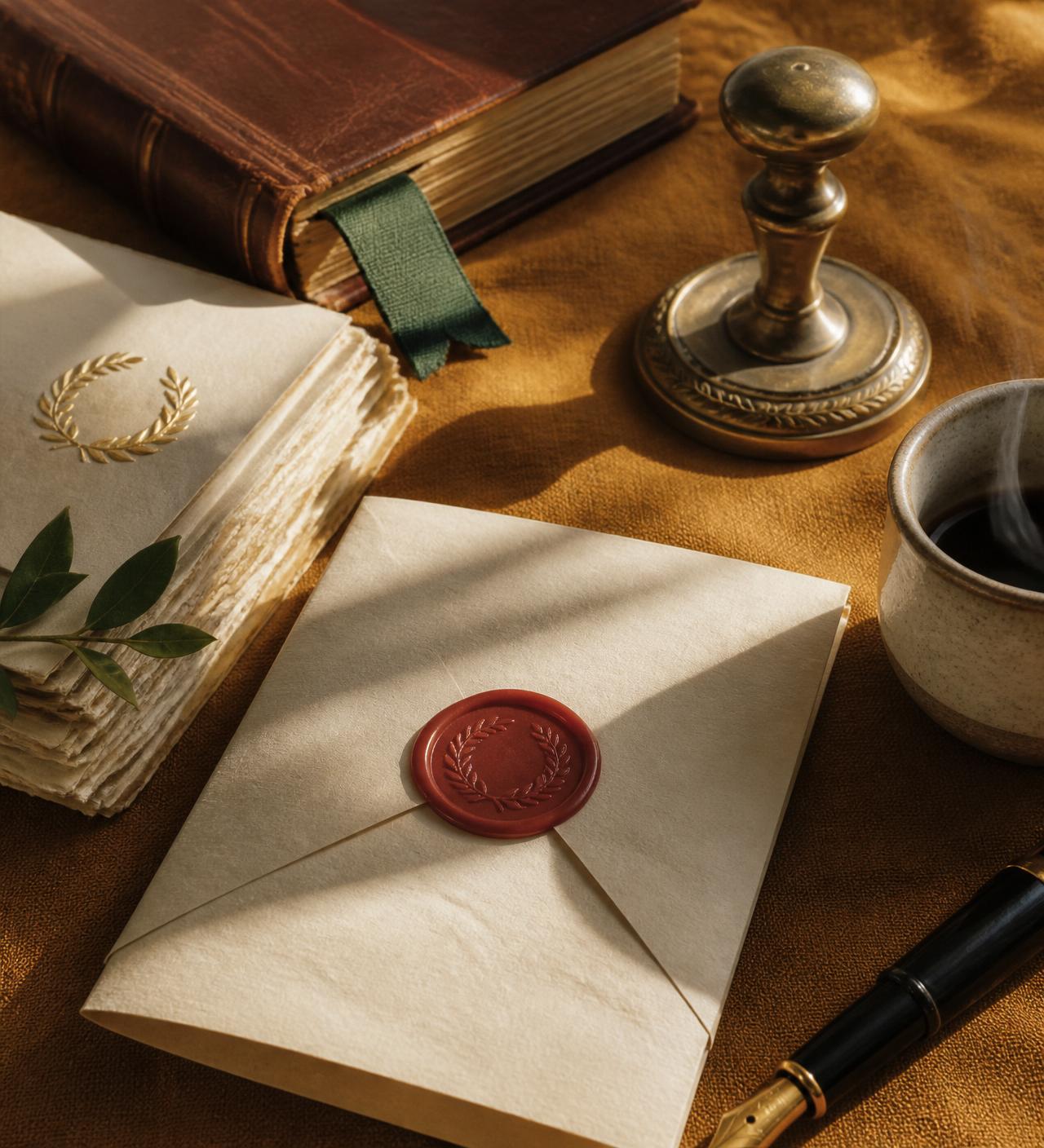 Sobre notarial con sello de lacre rojo, sello de latón y tomo de derecho sobre lino ocre