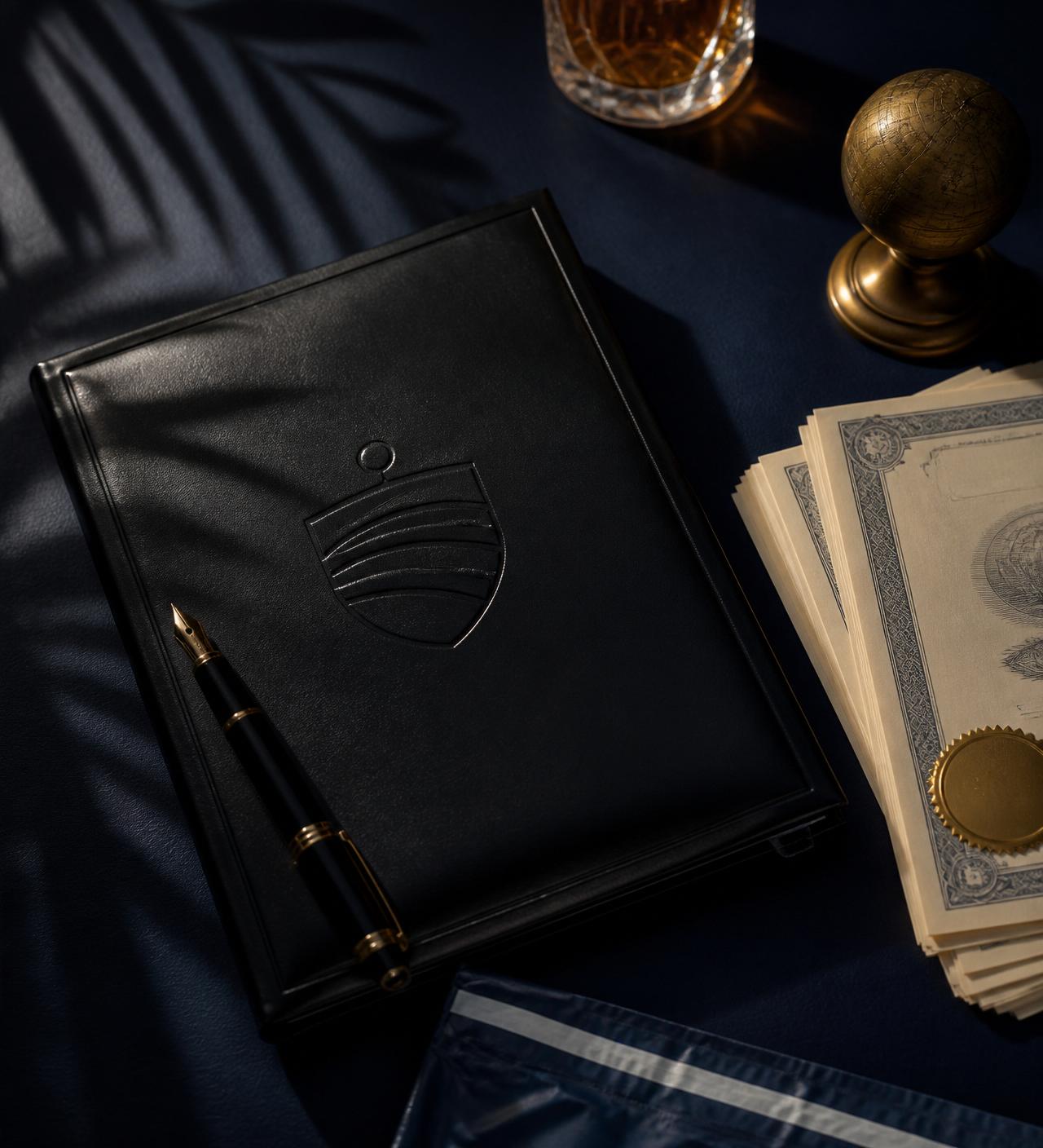 Carpeta corporativa de cuero negro con pluma dorada, globo de latón y certificados de acciones sobre superficie azul marino