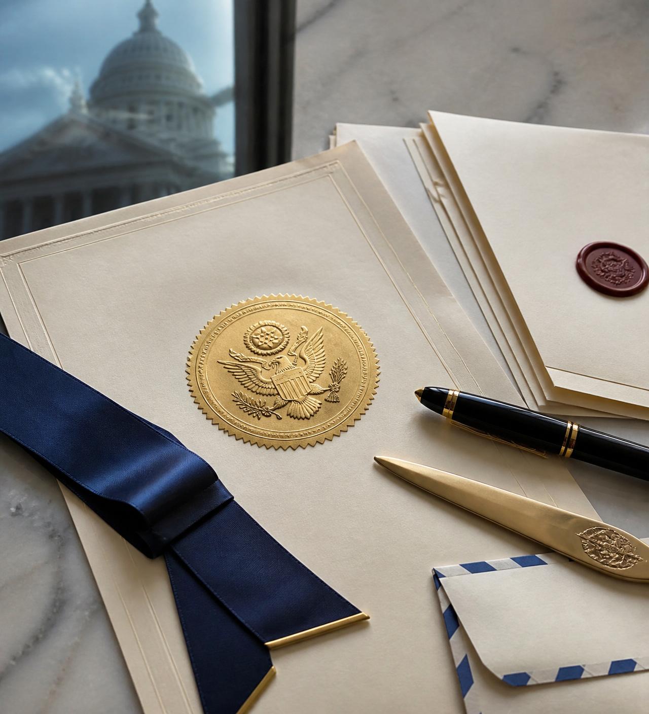 Certificado con sello dorado del gran sello y cinta azul, con vista al Capitolio al fondo